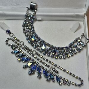 Crystal Statement Necklace and Continental Bracelet Set in AB Blue